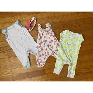 Spring Baby Girl 0-3 Month Lot 3 Outfits Sleeveless Long Legs Fruit Headband